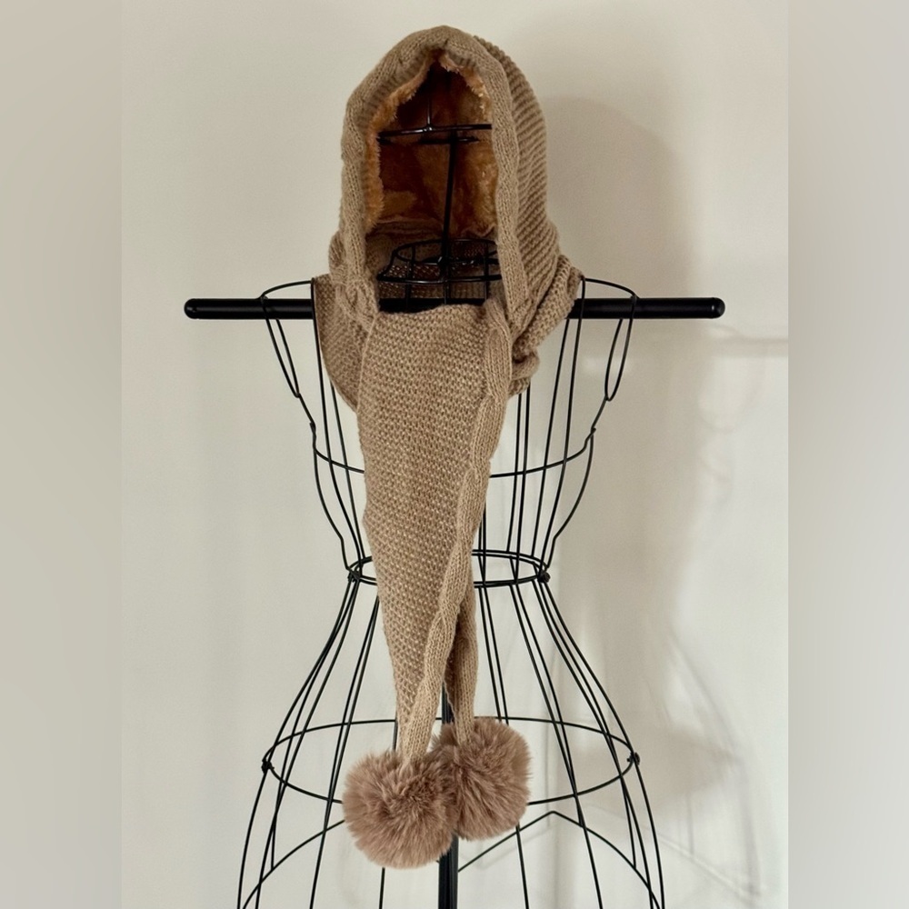 New Cozy Warm Brown Adult Size Cable Knit Hat w/ Scarf & Faux Fur Pom Poms